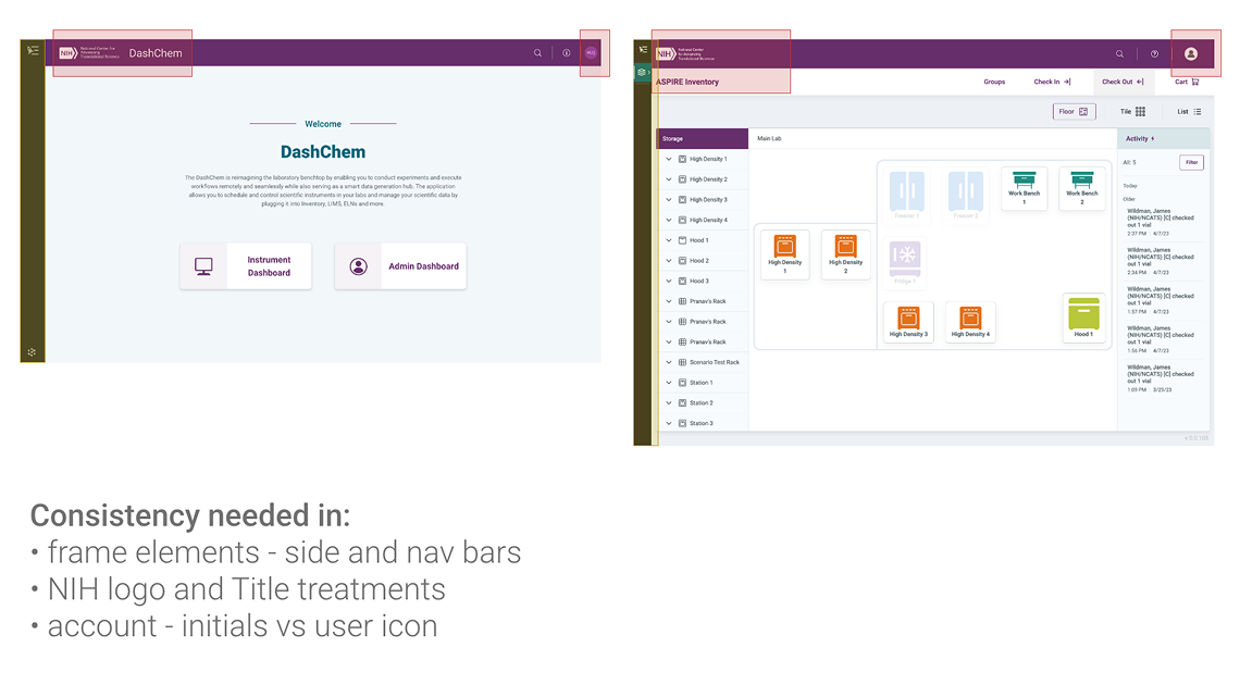 Audit slide 1 — DashChem welcome screen vs ASPIRE Inventory storage view showing frame and nav bar inconsistencies