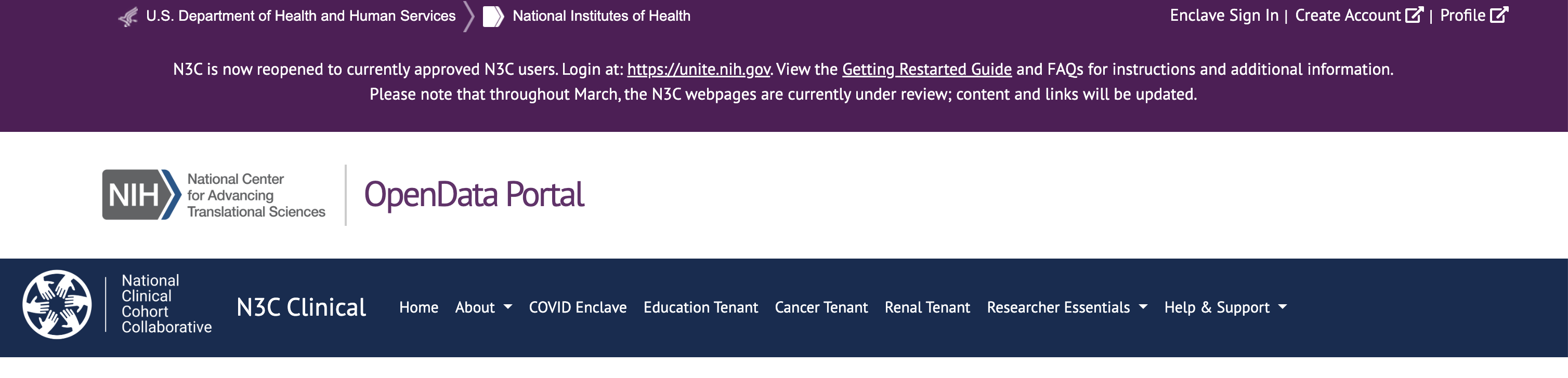 Existing N3C navigation and login