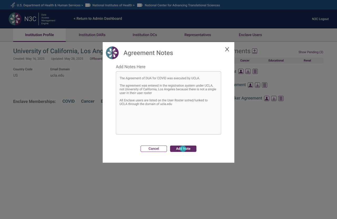 Agreement Notes modal