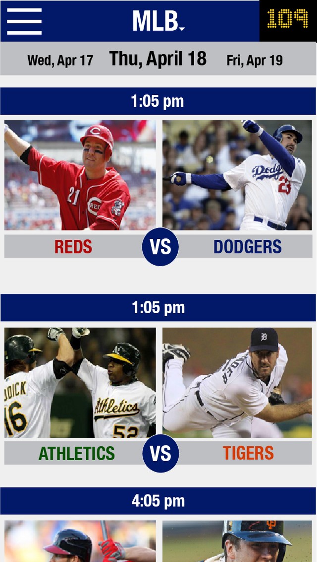Pickmoto 3.0 concept — full-bleed MLB photo matchups with a date carousel