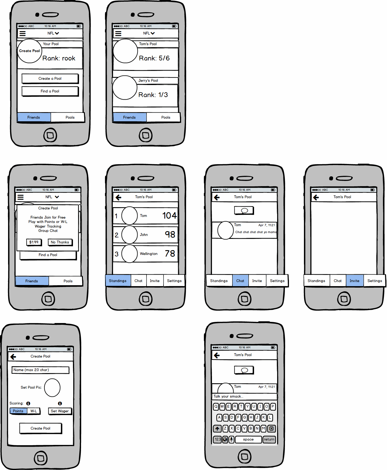 3.0 Balsamiq wireframes — pools: create, rank, standings, chat, and wager setup