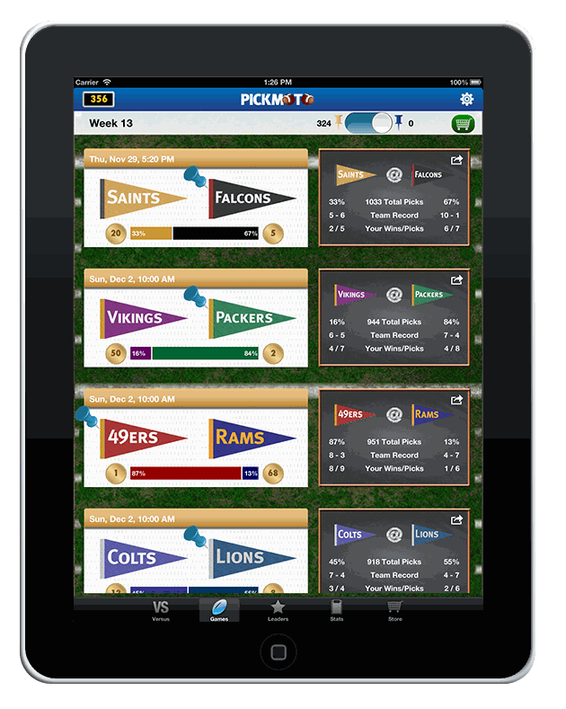 Pickmoto iPad — weekly pennant matchups with community pick percentages and stats