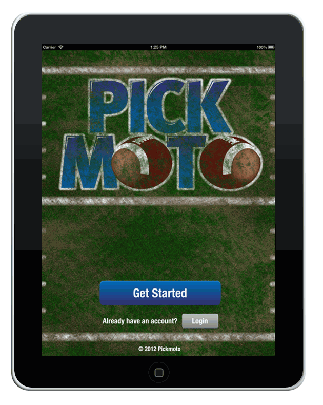 Pickmoto iPad — splash screen with Get Started and Login on a football field