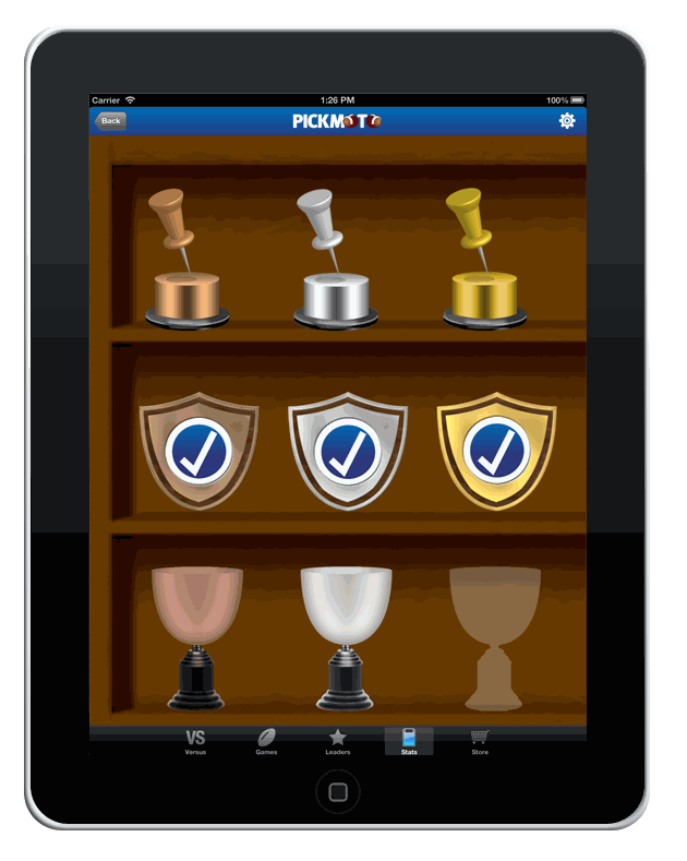 Pickmoto iPad — trophy case of pins, shields, and cups