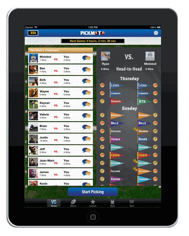 Pickmoto iPad — head-to-head challengers list and versus bracket