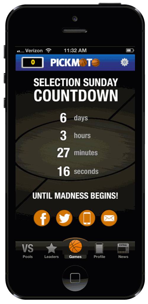 Pickmoto March Madness — Selection Sunday countdown timer