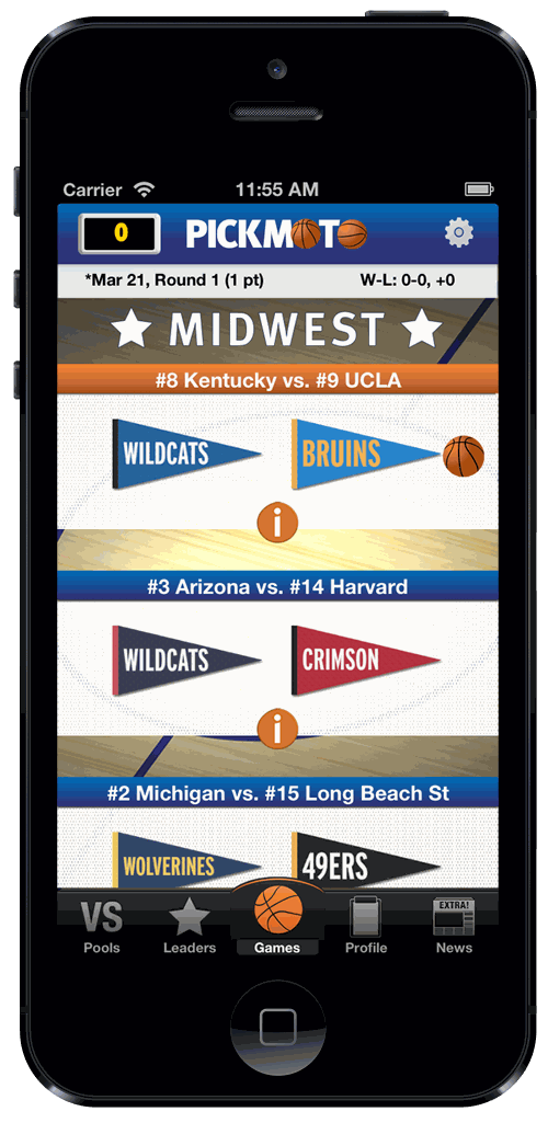 Pickmoto March Madness — Midwest region pennant matchups with seeds
