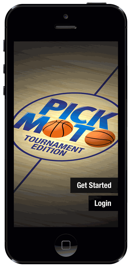 Pickmoto March Madness Tournament Edition — splash screen with Get Started and Login