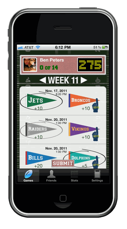 MotoPick'Em 2011 — weekly games with point values, community pick percentages, and the foam-finger pick indicator
