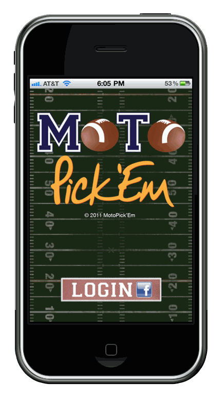 MotoPick'Em 2011 — splash screen with football-field branding, copyright 2011 MotoPick'Em, and Login through Facebook