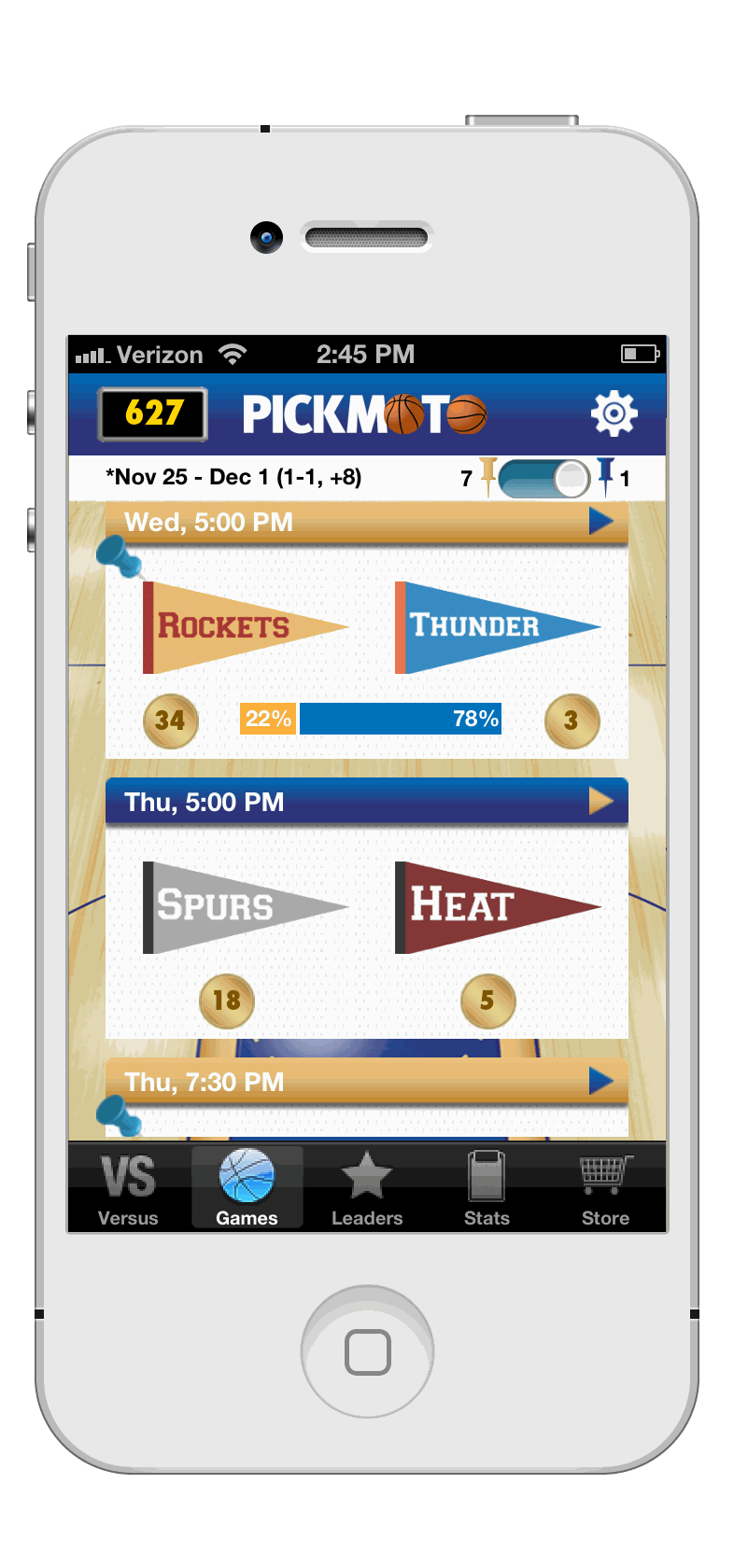 Pickmoto NBA — weekly pennant matchups with community pick percentages and point values