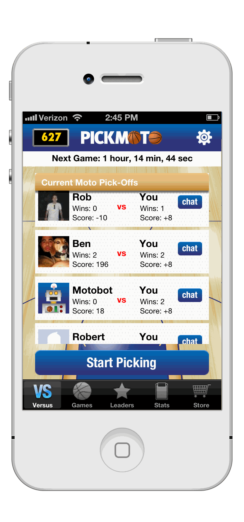 Pickmoto NBA — Moto Pick-Offs head-to-head versus friends and Motobot, with chat