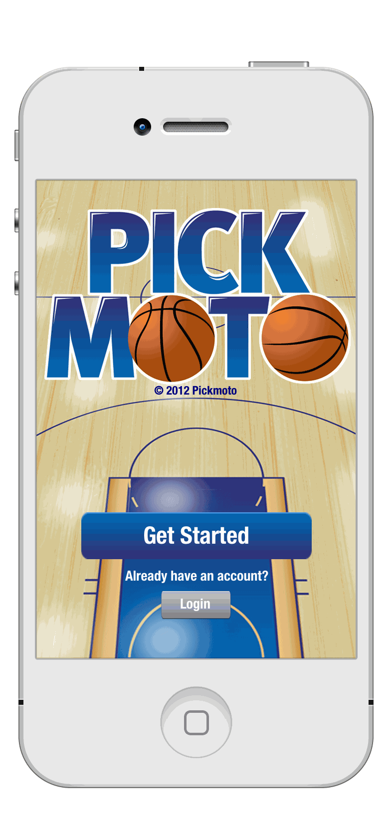 Pickmoto NBA — splash screen on a basketball court with Get Started and Login