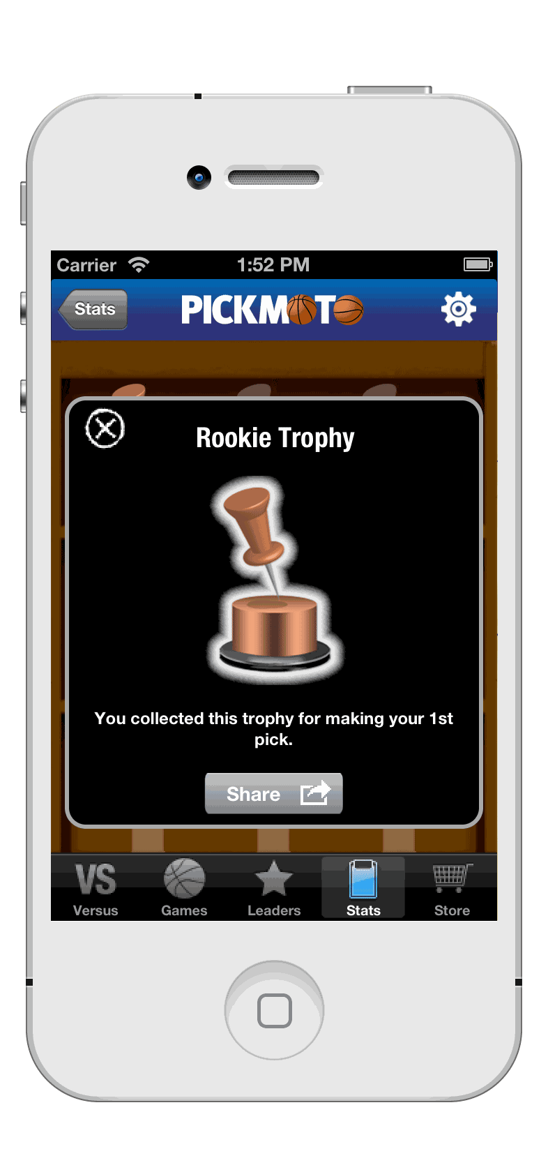 Pickmoto NBA — trophy case of pins, shields, and cups