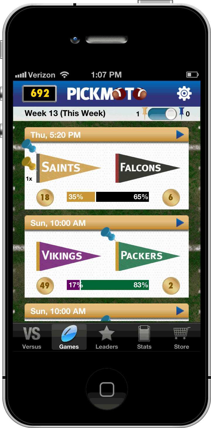 Pickmoto 2.0 — weekly games list with team pennant matchups and community pick percentages