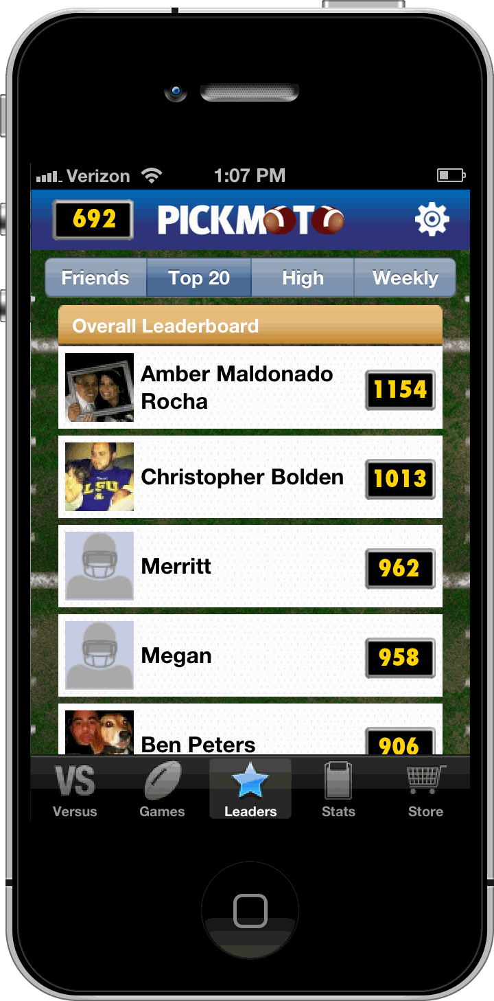 Pickmoto 2.0 — overall leaderboard with player rankings and point totals