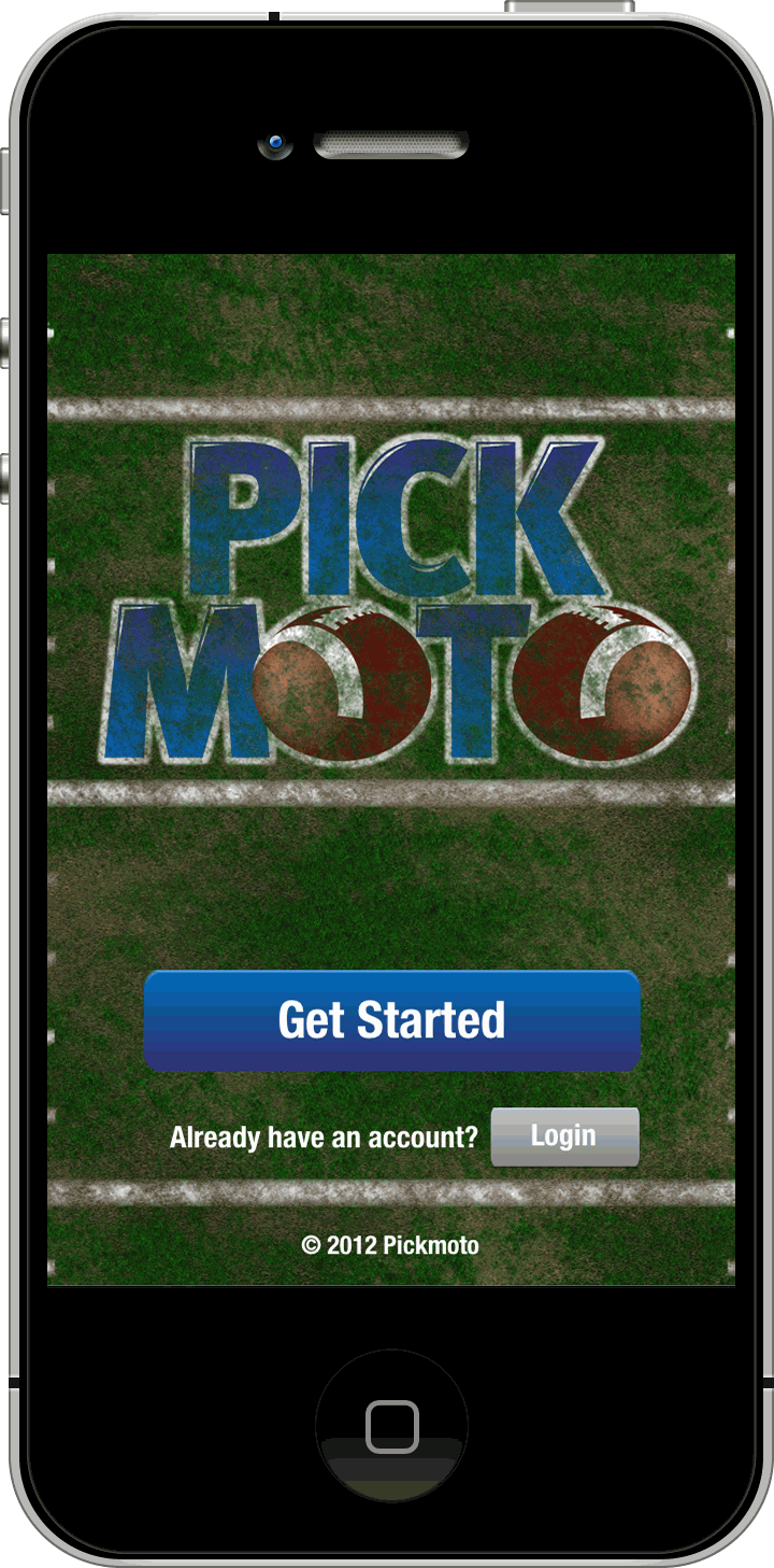 Pickmoto 2.0 — splash screen with Get Started and Login on a football field