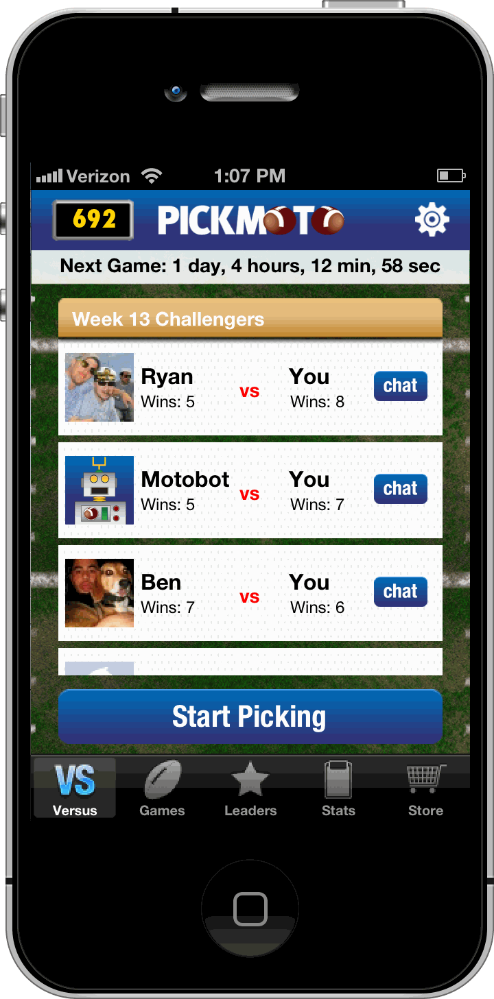 Pickmoto 2.0 — head-to-head challenge against friends and Motobot with chat