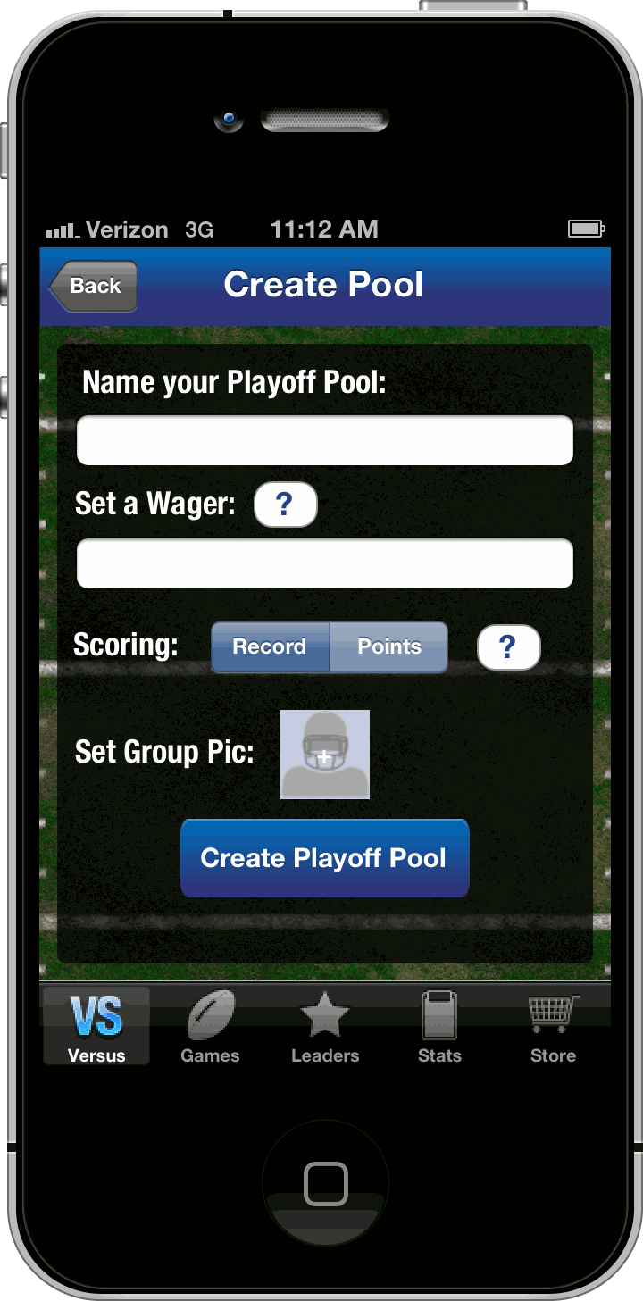 Pickmoto NFL Playoff Edition — create a pool: name it, set a wager, choose Record or Points scoring, set a group pic