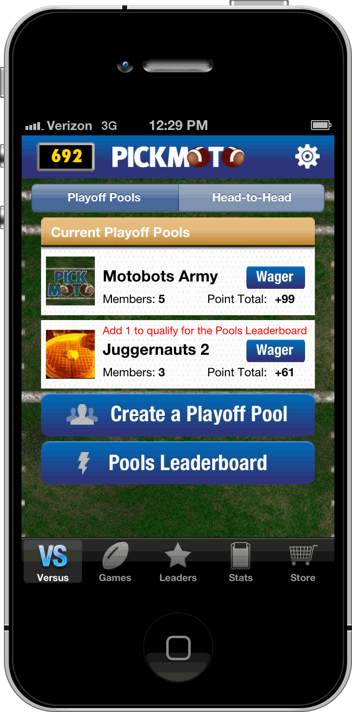 Pickmoto NFL Playoff Edition — current playoff pools with wager buttons, plus Create a Playoff Pool and Pools Leaderboard
