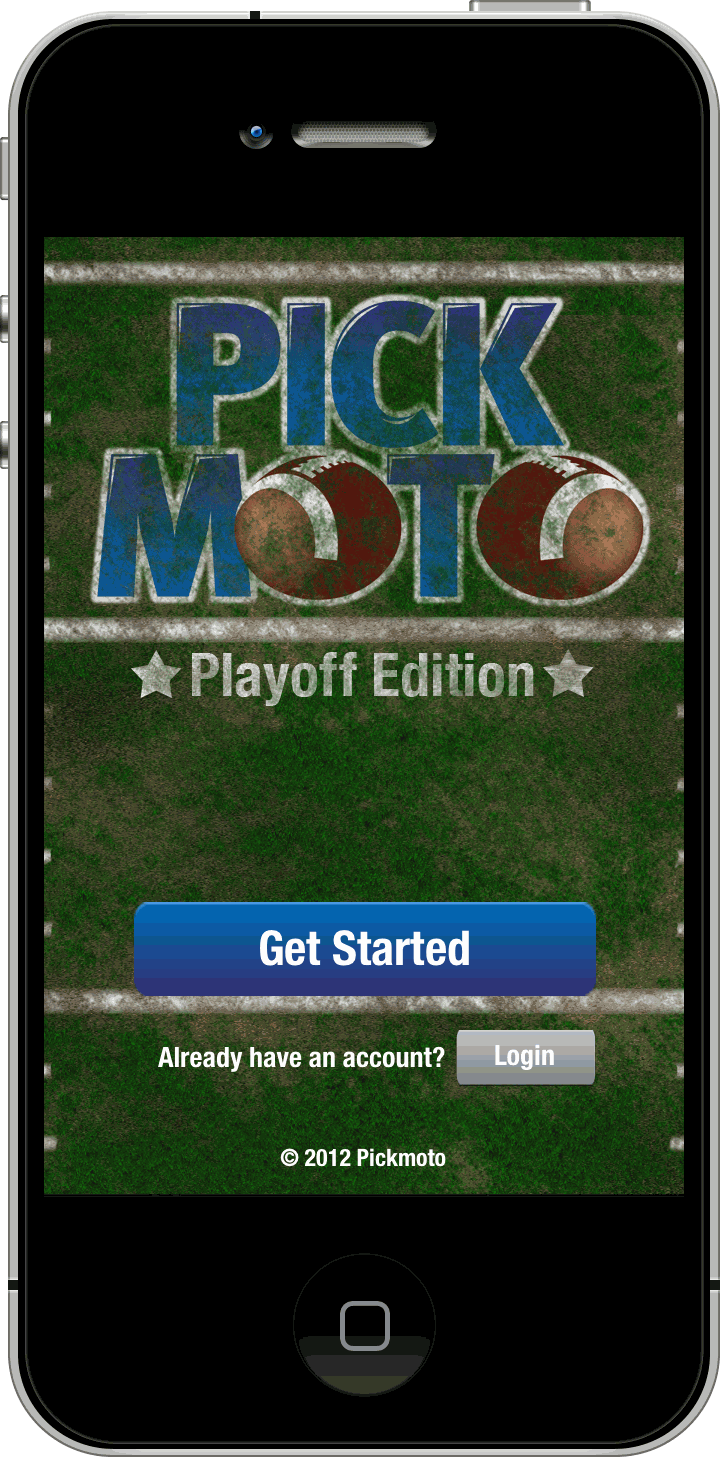 Pickmoto NFL Playoff Edition — splash screen reading Playoff Edition with Get Started and Login