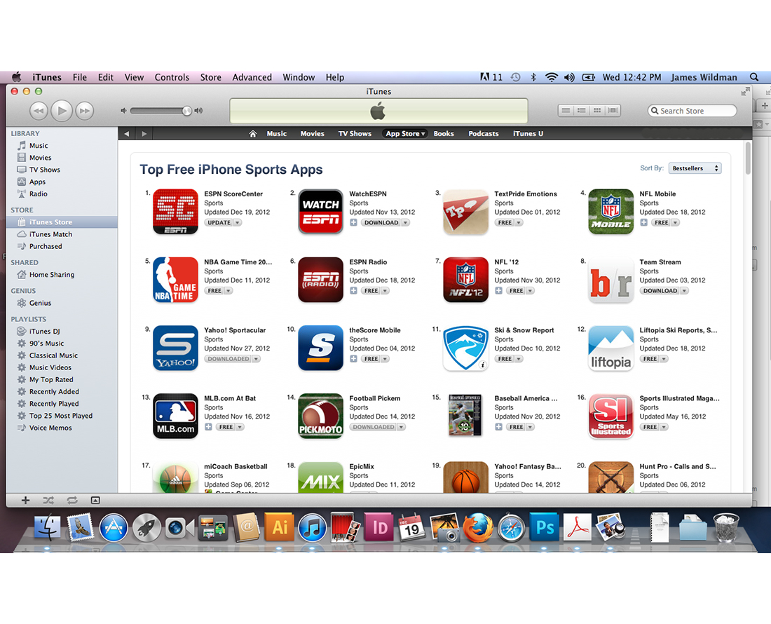 iTunes Top Free iPhone Sports Apps chart showing Pickmoto at number 14, alongside ESPN, NFL Mobile, and Yahoo