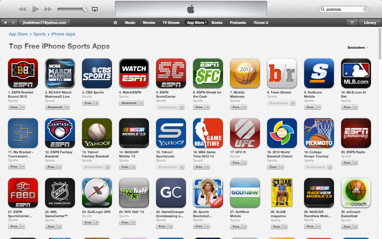 App Store Top Free Sports Apps during March Madness — Pickmoto's College Hoops Tourney at #19, among ESPN Bracket Bound, NCAA March Madness Live, and CBS Sports