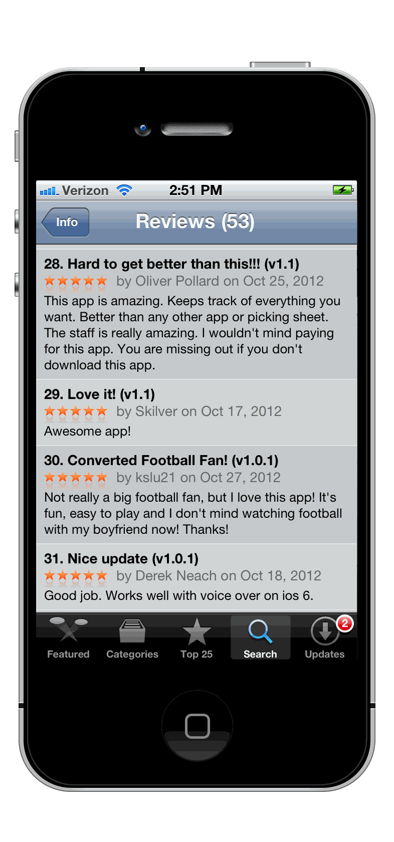 App Store reviews screen — Reviews (53), all five-star, including 'Hard to get better than this!!!', 'Converted Football Fan!', and 'Nice update'