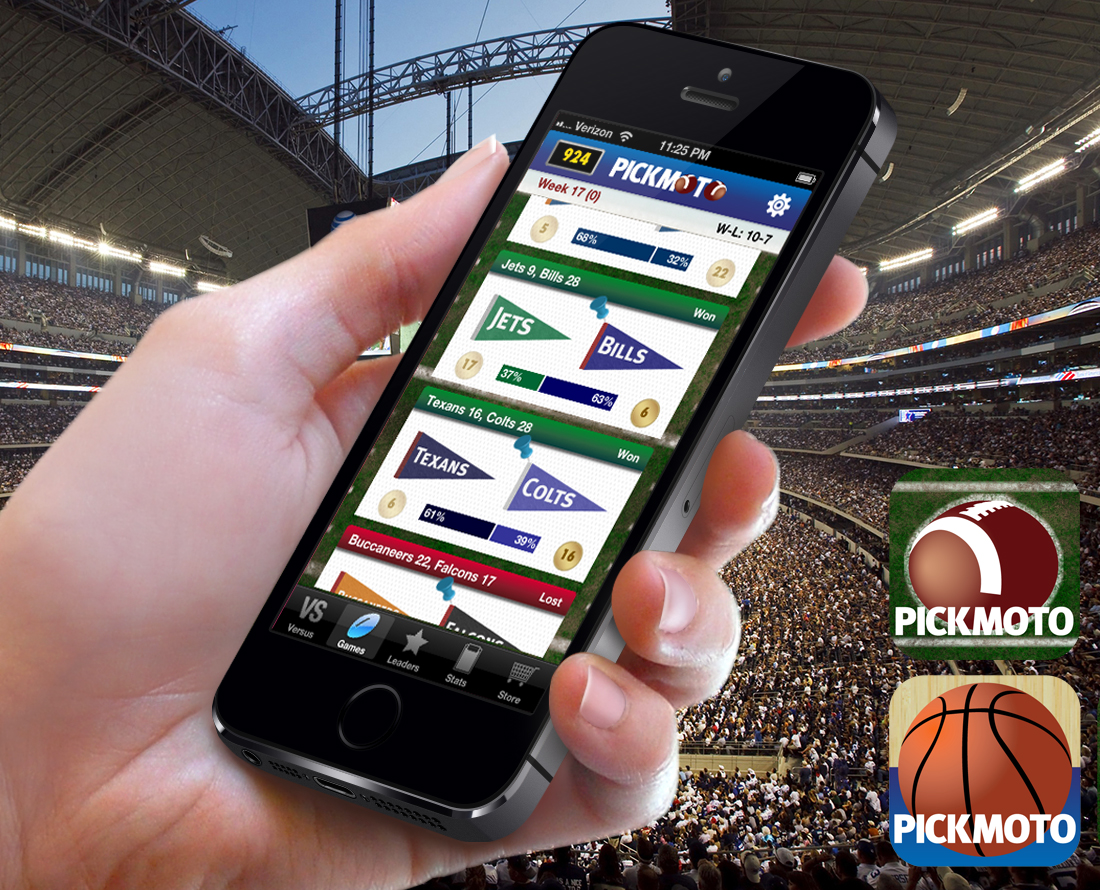 Pickmoto NFL pick screen on an iPhone held up inside a packed stadium, with football and basketball app icons