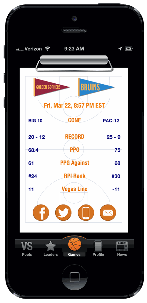Pickmoto game info — clipboard-style stats sheet with records, PPG, RPI rank, and Vegas line
