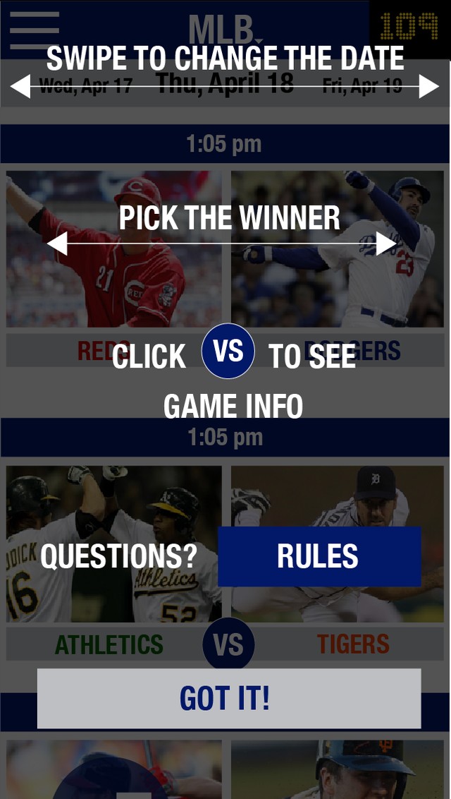 Pickmoto 3.0 concept — gesture onboarding callouts (swipe, pick the winner) overlaid on the live games UI