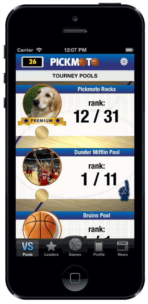 Pickmoto tourney pools — multiple pools with custom photos and per-pool rank