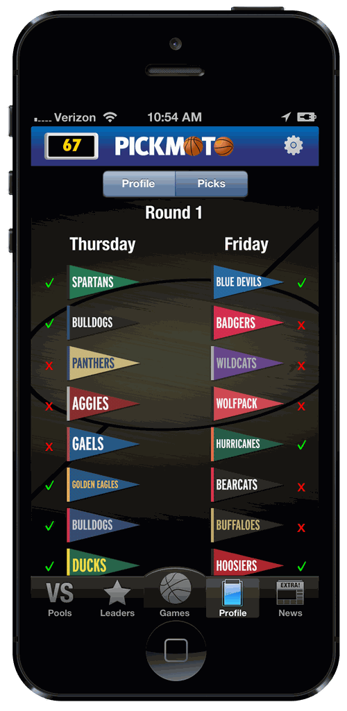 Pickmoto picks overview — round-one results with green checks and red X's at a glance