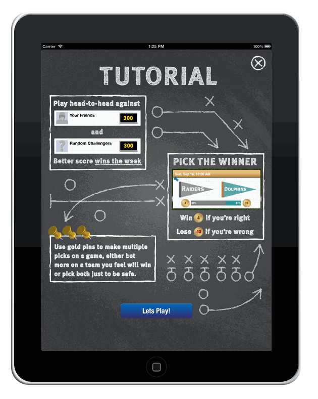 Pickmoto iPad tutorial — chalkboard X's and O's playbook explaining the pick mechanic