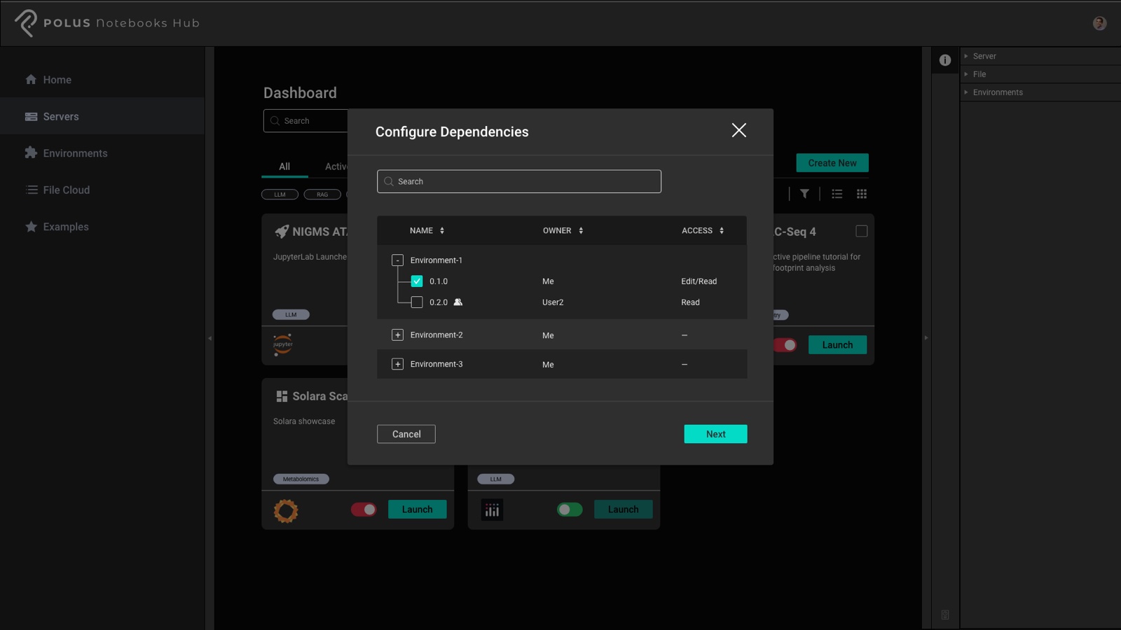 Notebooks Hub — configure dependencies and access modal
