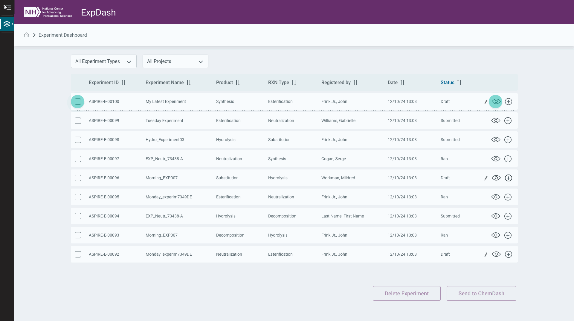 The Experiments Dashboard — registered experiments in a sortable, filterable table with status and actions per row
