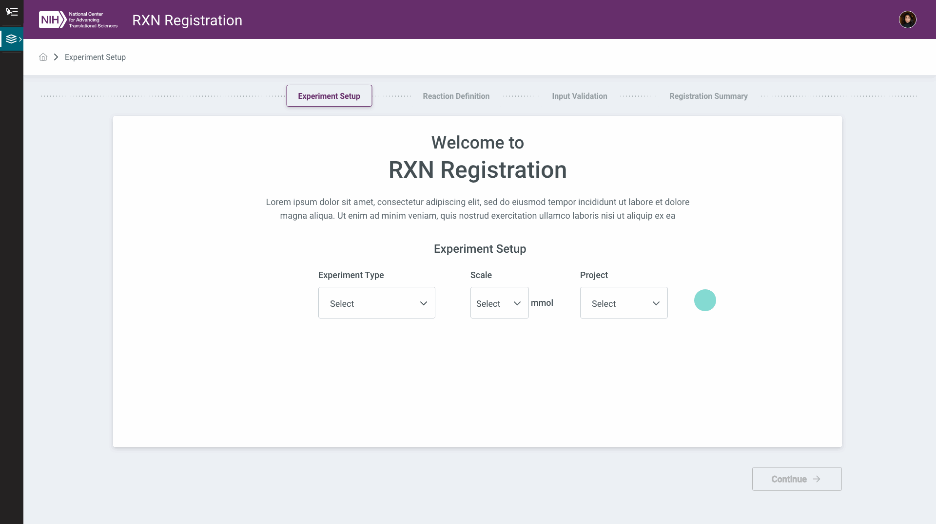 Experiment Setup — a welcome screen where the chemist picks experiment type, scale, and project before defining the reaction
