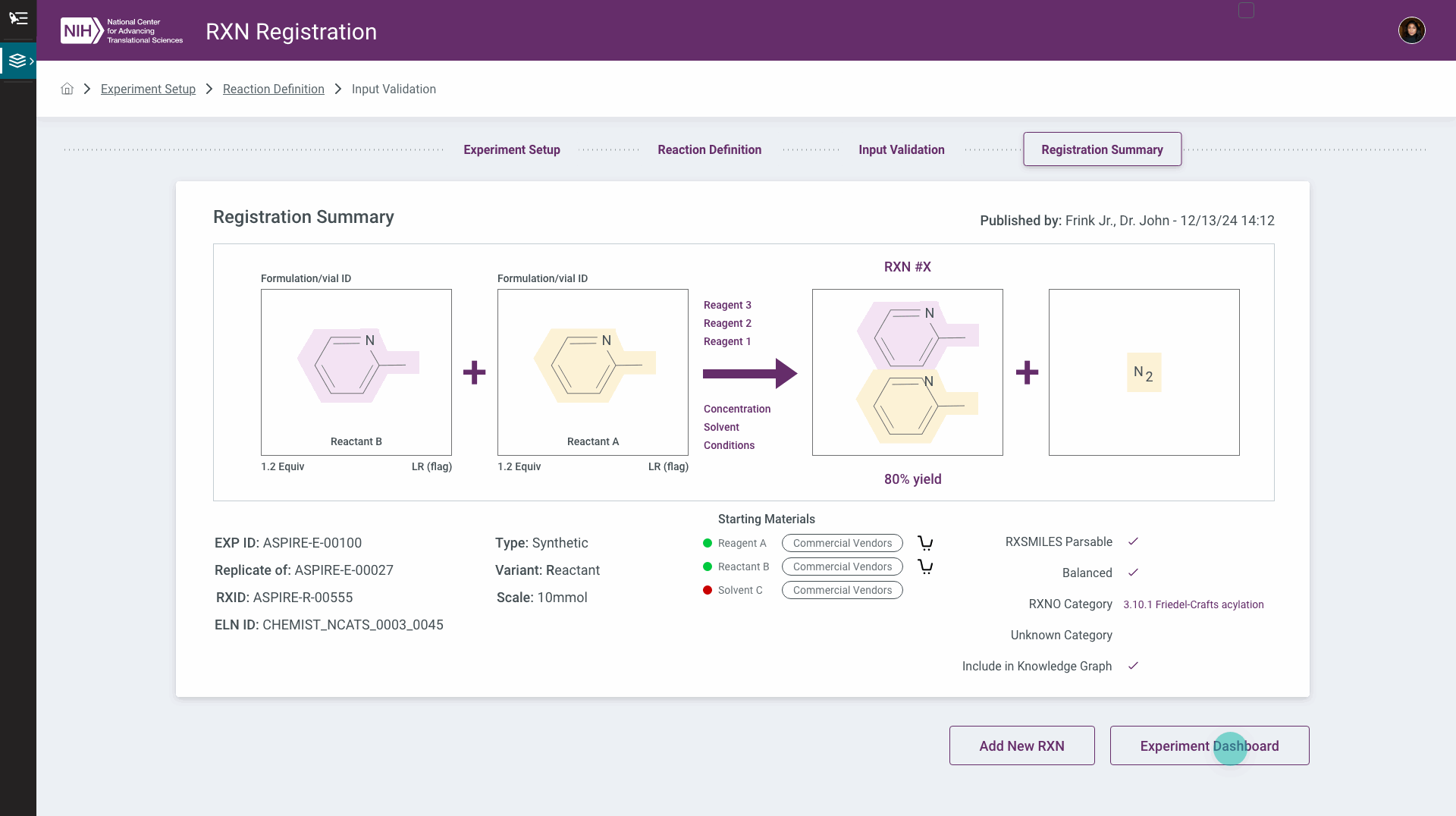 Registration Summary — scale, limiting agent, experiment ID, reaction ID, and ELN reference, with the option to add another reaction to the experiment
