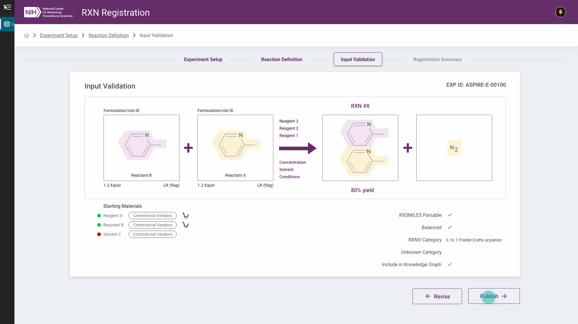 Input Validation — parsable and balanced checks, a proposed reaction-ontology category, knowledge-graph inclusion, and a revise-or-register decision