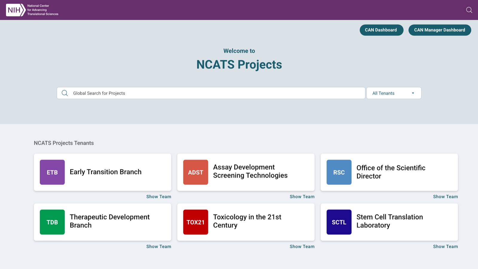 NCATS Projects — tenant landing page with global search