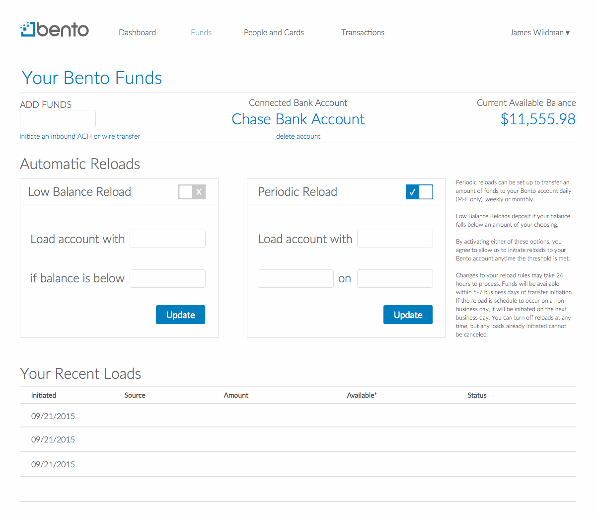 After — fund loading leads the page, reloads sit in quiet hairline boxes, and load status is color-coded green, orange, and red