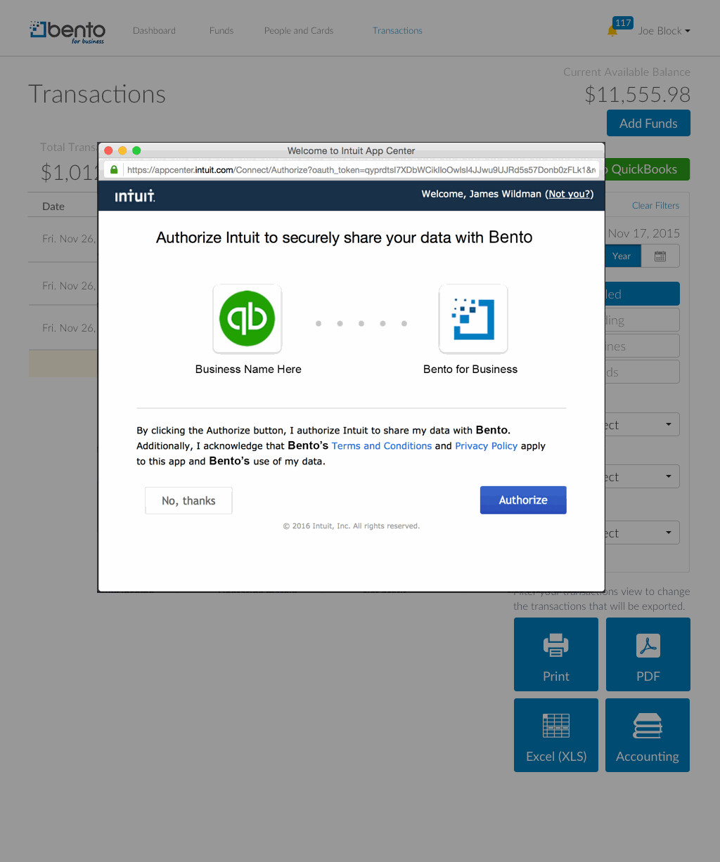 Intuit's own authorization screen — authorize Intuit to securely share data with Bento