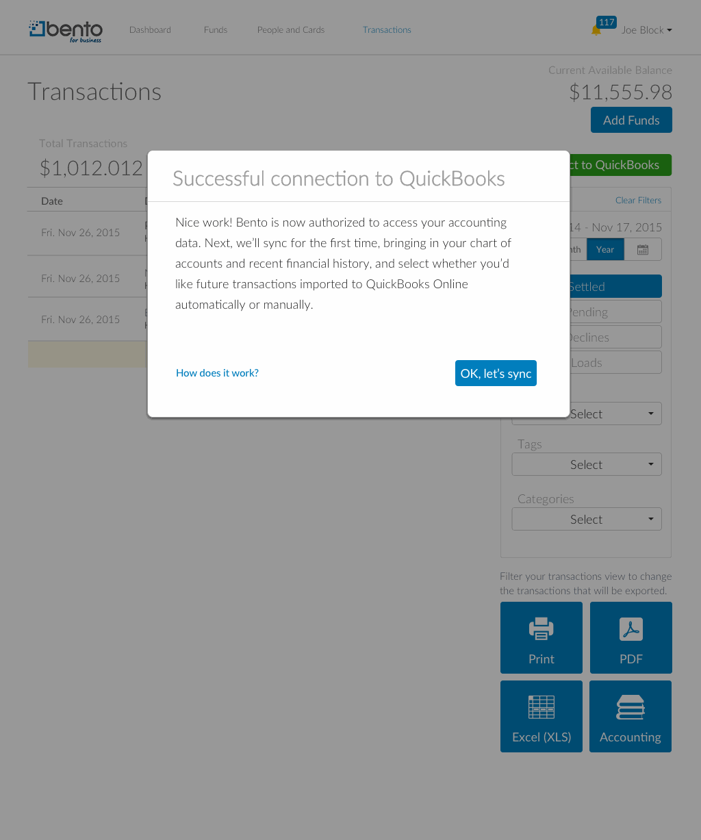 Back in Bento — a plain-language 'Successful connection to QuickBooks' confirmation with an OK, let's sync action
