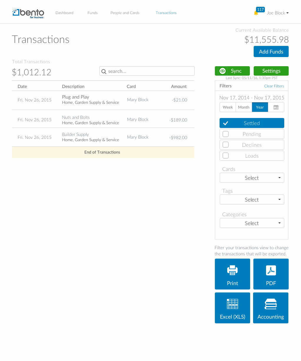 The connected Transactions page — Sync and Settings buttons sitting where the transactions are, rather than buried in a settings screen