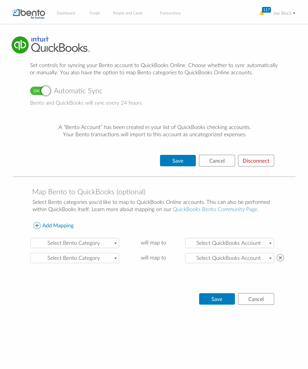 QuickBooks settings — an automatic-sync toggle, a default-account step, and the optional mapping table pairing each Bento category with a real QuickBooks account, with Add Mapping