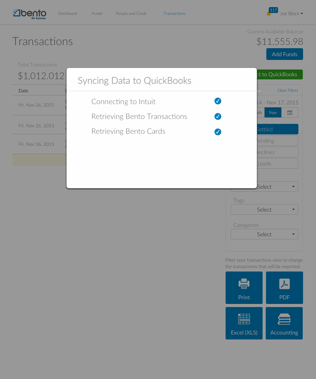 First-sync progress — connecting to Intuit, retrieving Bento transactions, retrieving Bento cards, each checked off as it completes