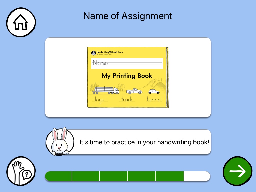 HWO — an assignment showing the real printed workbook cover, a segmented progress bar, a raised-hand help button, and a prompt from Magic C Bunny