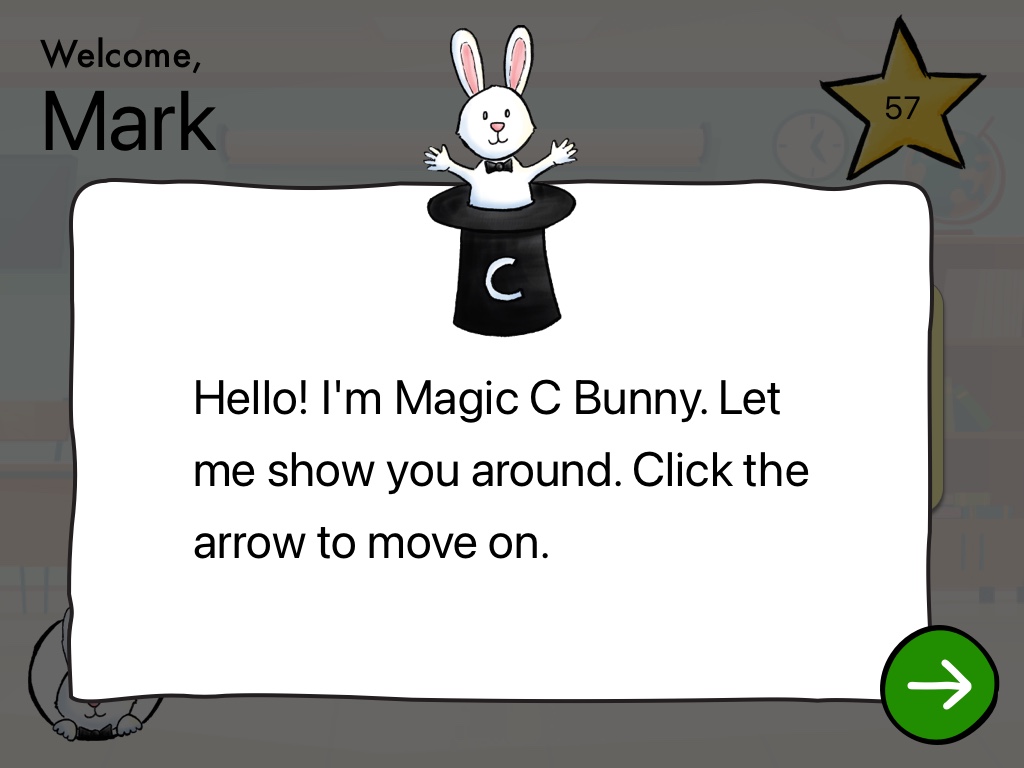 HWO — onboarding: Magic C Bunny appears from a magician's hat to introduce the app and walk the student through it