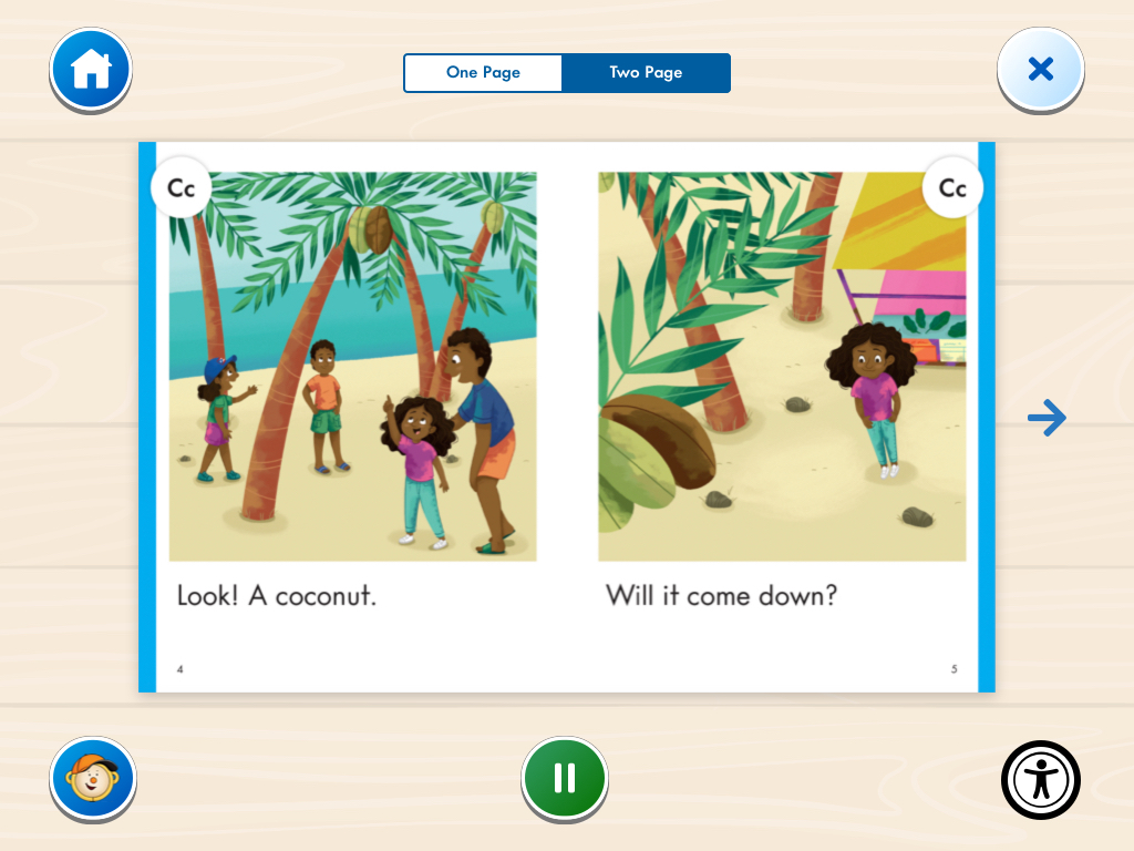 MMAZ — letter book reader showing two-page illustrated spread with audio controls