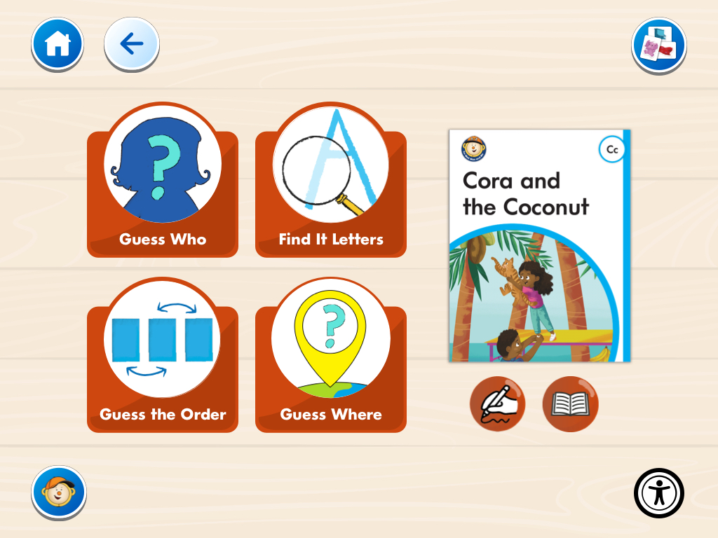MMAZ — activity selection showing Guess Who, Find It Letters, Guess the Order, and Guess Where alongside the book cover